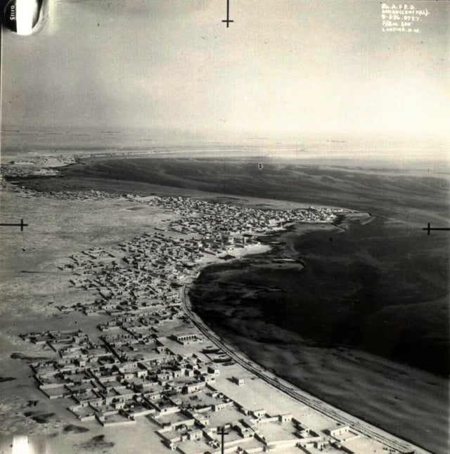 "Dohah looking northwest", photographed by the Royal Air Force during a reconnaissance of the Qatar Peninsula on 9 May 1934.