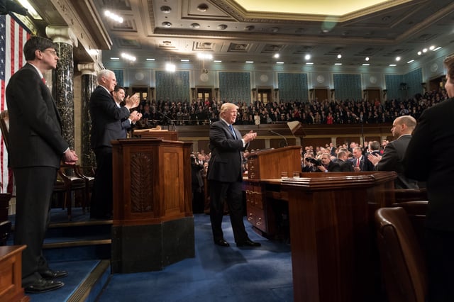 President Donald Trump delivers the 2018 State of the Union Address, with Vice President Mike Pence and Speaker of the House Paul Ryan.
