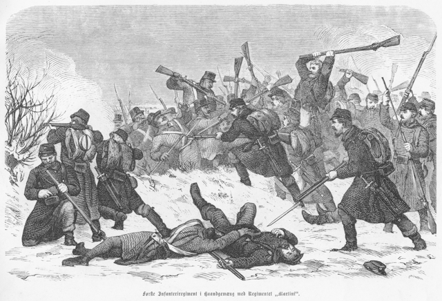 Danish Infantry regiment in a fight with regiment "Martini". Contemporary illustration of the 1864 Second Schleswig War.