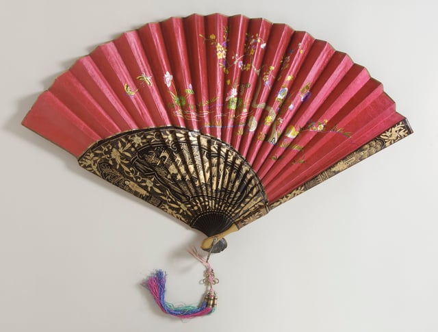 Silk satin leaf, wood sticks and guards, c. 1890