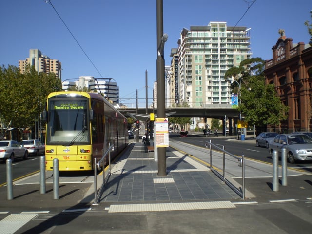 North Terrace, looking east from the tram stop adjacent to the City West campus of the University of South Australia.