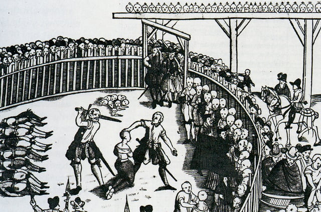 Depiction of the public execution of pirates (namely Klein Henszlein and his crew) in Hamburg, Germany, 10 September 1573