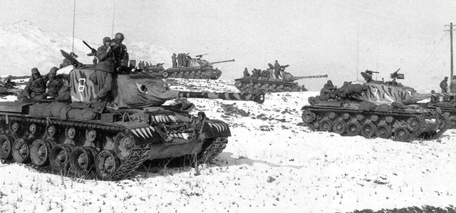U.S. M46 Patton tanks, painted with tiger heads thought to demoralize Chinese forces