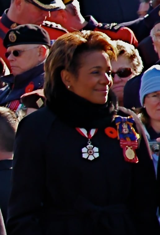 Michaëlle Jean wearing the insignia of the Order of Canada and Order of Military Merit along with the Canadian Forces Decoration