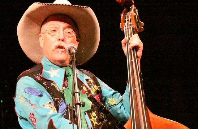 Country music bassist "Too Slim" (Fred LaBour of Riders in the Sky) performing in Ponca City, Oklahoma in 2008.