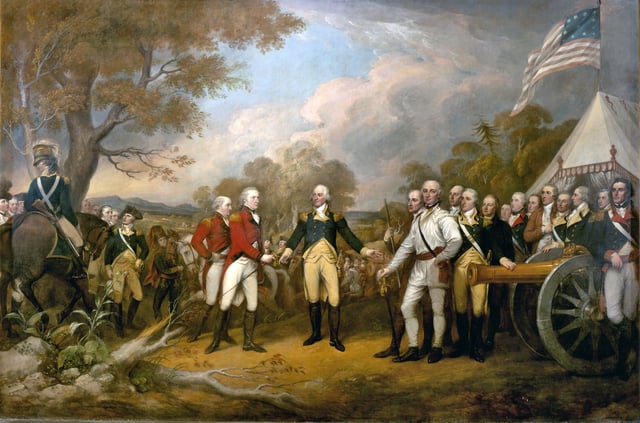 British general John Burgoyne surrenders at Saratoga in 1777