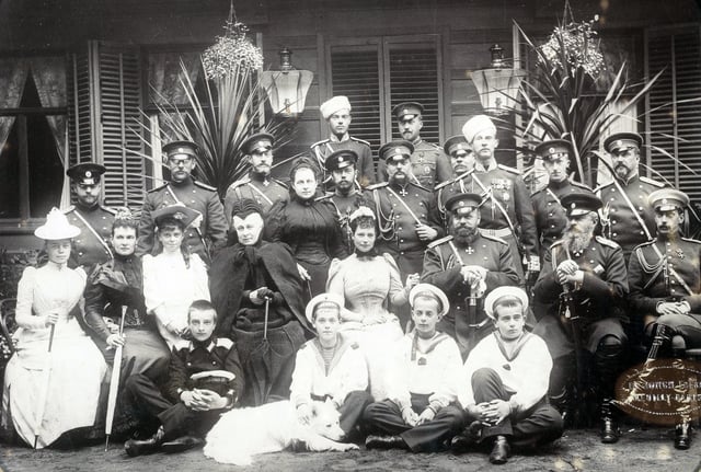 A gathering of members of the Romanov family in 1892, at the summer military manoeuvres in Krasnoye Selo.