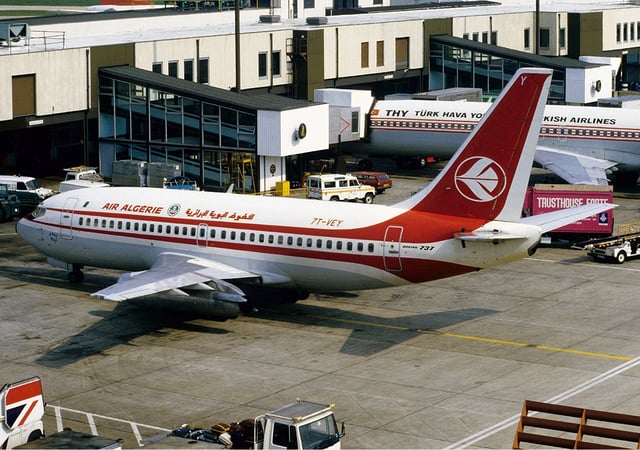 An Air Algérie Boeing 737-200 at London Heathrow Airport in April 1984.