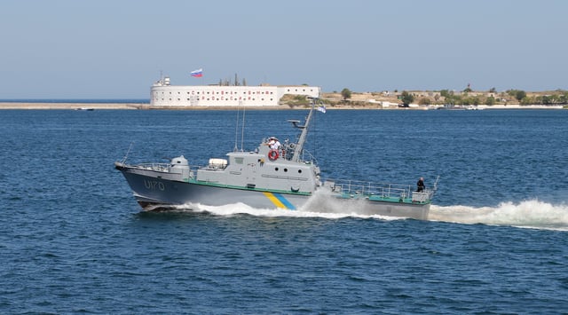 Ukrainian Navy artillery boat U170 in the Bay of Sevastopol