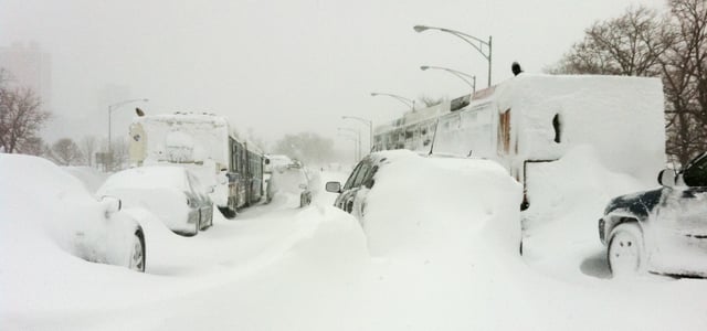 Traffic stranded in a 2011 Chicago snowstorm.