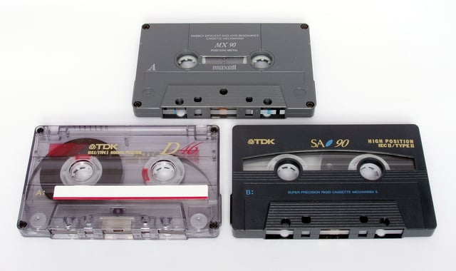 Cassettes of varying tape quality and playing time. The top is a Maxell MX (Type IV), bottom right is a TDK SA (Type II) and the bottom left is a TDK D (Type I)