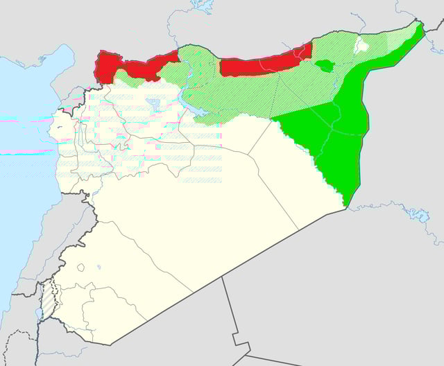 SDF-controlled territory (green), claimed territory (orange), Turkish-occupied Afrin (red) in October 2018