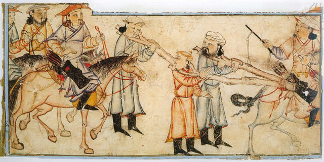 Mongol riders with prisoners, 14th century