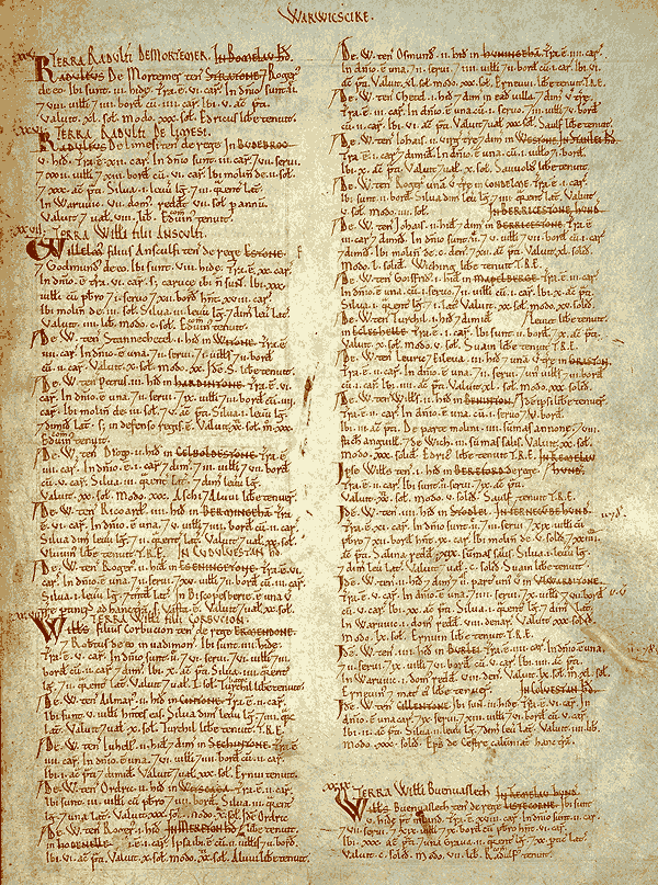 A page of Domesday Book for Warwickshire