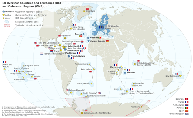 Map of the European Union in the world with overseas countries and territories and outermost regions