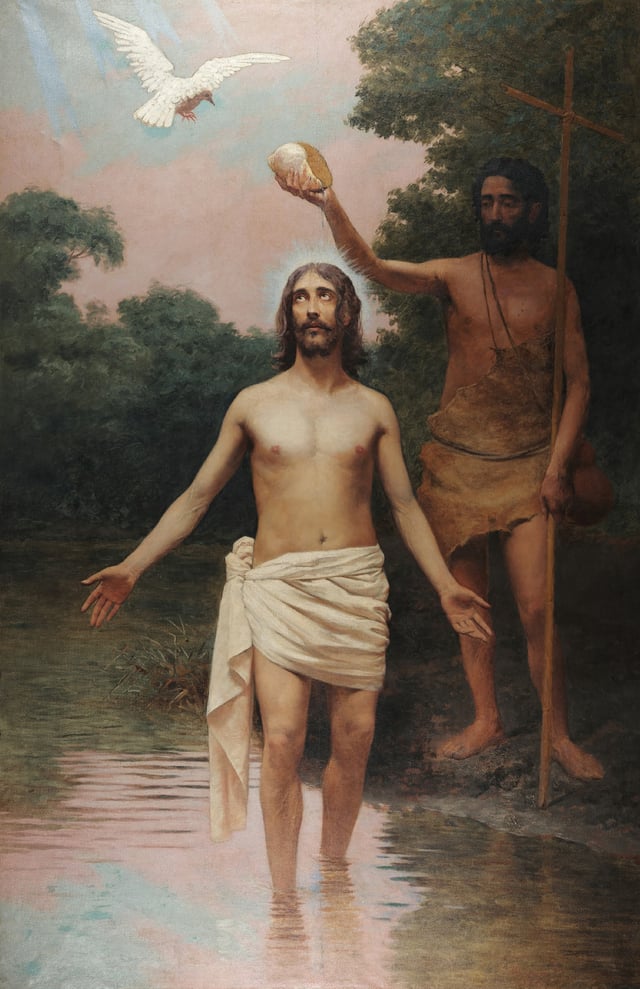 God the Holy Spirit descending from heaven like a dove at the Baptism of Jesus depicted by Almeida Júnior