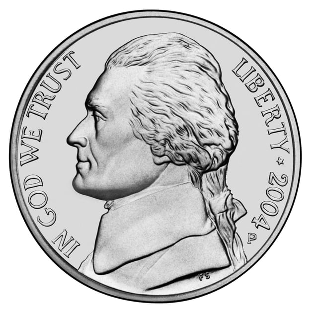 The Jefferson nickel obverse as struck from  1938 to 2004. Coins from pre-1966 lack the designer's initials.