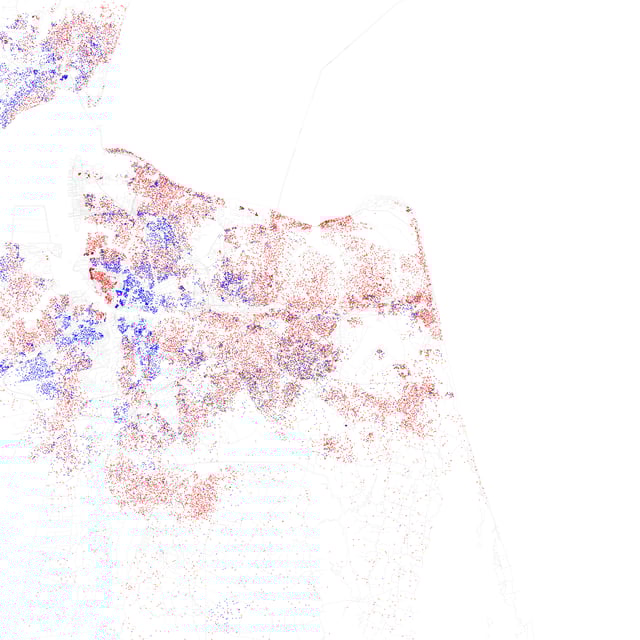 Map of racial distribution in Virginia Beach, 2010 U.S. Census. Each dot is 25 people: White, Black, Asian, Hispanic or Other (yellow)