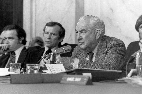 Sam Ervin (right) chairing the Senate Watergate hearings, 1973
