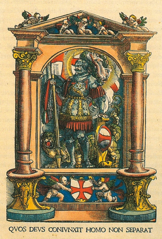 Coat of arms of the Swabian League, with a flag of St. George. Two putti support a red cross in a white field; the motto: What God has joined let man not separate; coloured woodcut by Hans Burgkmair, 1522.