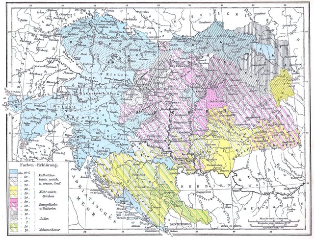 Religions in Austria-Hungary, from the 1881 edition of Andrees Allgemeiner Handatlas. Catholics (both Roman and Uniate) are blue, Protestants purple, Eastern Orthodox yellow, and Muslims green.