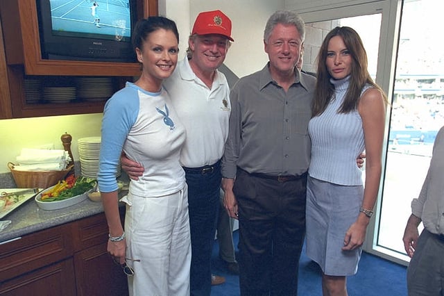 Karen McDougal wearing a Playboy shirt, Donald Trump, Bill Clinton and Melania Trump.