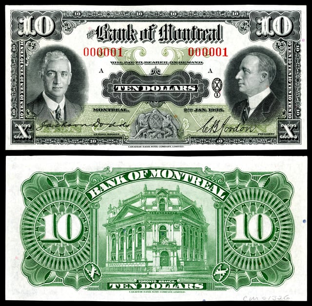 Bank of Montreal, 10 dollars (1935). First note printed for the series.