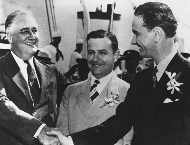 President Franklin D. Roosevelt, Governor James Allred of Texas, and Johnson, 1937. Johnson later used an edited version of this photo, with Allred airbrushed out, in his 1941 senatorial campaign.