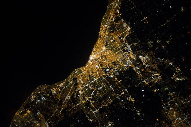 NASA satellite photograph of Cleveland at night.