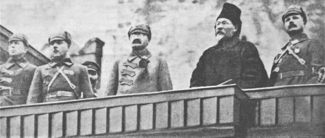Andrei Bubnov, Kliment Voroshilov, Leon Trotsky, Mikhail Kalinin and Mikhail Frunze attend The October Revolution parade on The Red Square on 7 Nov 1924