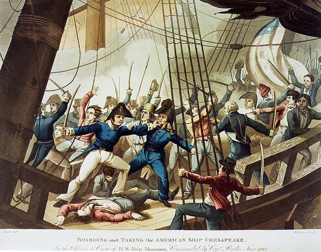 Captain Broke leads the boarding party to USS Chesapeake. The British capture of Chesapeake was one of the bloodiest contests in the age of sail.