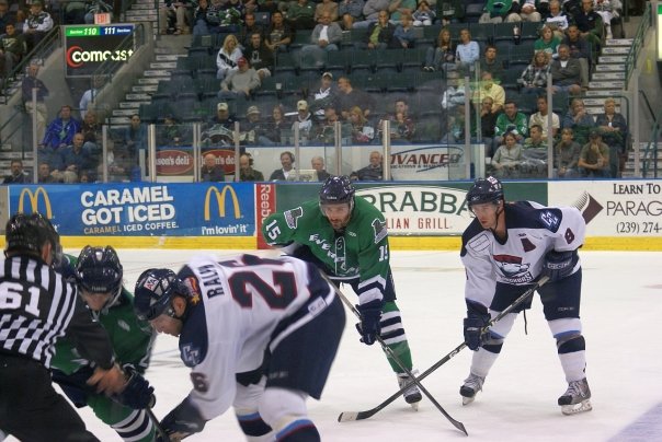 Mathieu Roy of the Everblades and Ryan Murphy of the Charlotte Checkers await a faceoff during a game on March 9, 2009. Roy is wearing the alternate green uniform of the Everblades.