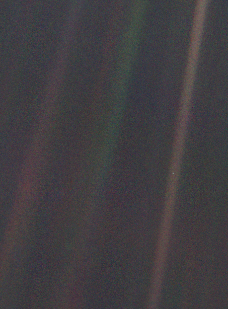 Pale Blue Dot: Earth is a bright pixel when photographed from Voyager 1 6 billion kilometers out (beyond Pluto). Sagan encouraged NASA to generate this image. from Pale Blue Dot (1994) On it, everyone you ever heard of... The aggregate of all our joys and sufferings, thousands of confident religions, ideologies and economic doctrines, every hunter and forager, every hero and coward, every creator and destroyer of civilizations, every king and peasant, every young couple in love, every hopeful child, every mother and father, every inventor and explorer, every teacher of morals, every corrupt politician, every superstar, every supreme leader, every saint and sinner in the history of our species, lived there on a mote of dust, suspended in a sunbeam. ...  Think of the rivers of blood spilled by all those generals and emperors so that in glory and triumph they could become the momentary masters of a fraction of a dot. Carl Sagan, Cornell lecture in 1994