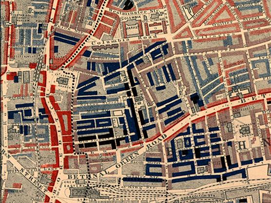 Part of Charles Booth's poverty map showing the Old Nichol, a slum in the East End of London. Published 1889 in Life and Labour of the People in London. The red areas are "middle class, well-to-do", light blue areas are "poor, 18s to 21s a week for a moderate family", dark blue areas are "very poor, casual, chronic want", and black areas are the "lowest class...occasional labourers, street sellers, loafers, criminals and semi-criminals".
