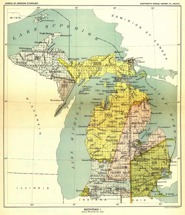 Map of Michigan showing the Michigan Baseline used for survey purposes (click to enlarge)