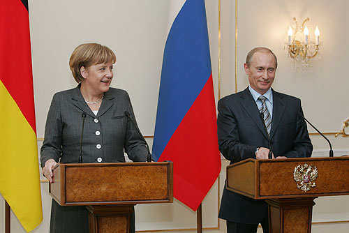 Putin with Chancellor of Germany Angela Merkel in March 2008