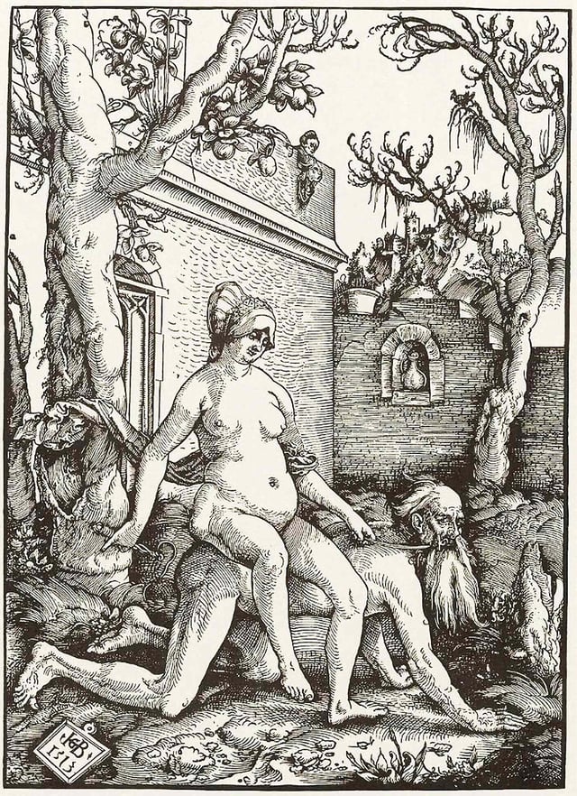 Woodcut of Aristotle ridden by Phyllis by Hans Baldung, 1515