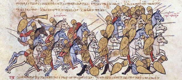 Tsar Symeon I of Bulgaria defeating the Byzantine army, led by Procopius Crenites and Curtacius the Armenian in Macedonia