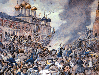 Plague Riot in Moscow in 1771: during the course of the city's plague, between 50,000 and 100,000 people died, 17–33% of its population.