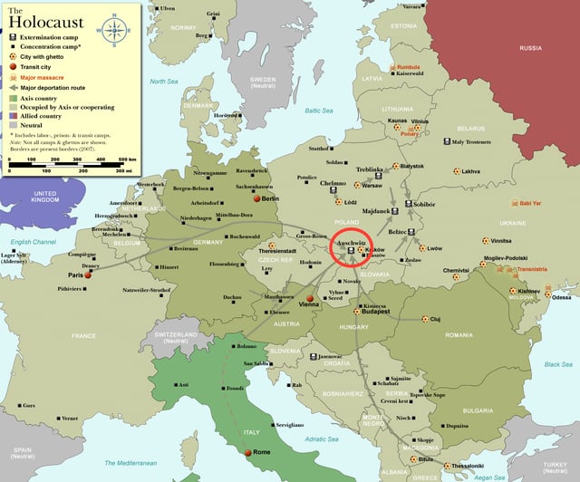 Concentration camps and ghettos in occupied Europe (2007 borders); same map showing WWII borders
