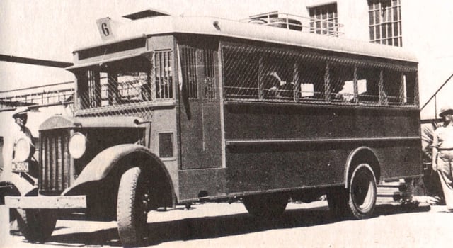 A Jewish bus equipped with wire screens to protect passengers against rocks and grenades thrown by Arab insurgents.
