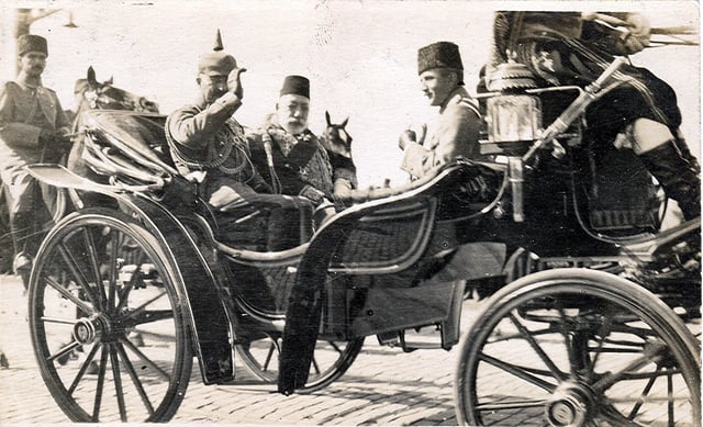 Visit of Kaiser Wilhelm II to Constantinople in Oct. 1917 with Mehmed V and Enver Pasha. The Ottomans joined World War I on the side of the Central Powers and suffered heavy losses. Overall, the total number of combatant casualties in the Ottoman forces amounts to just under half of all those mobilised to fight. Of these, more than 800,000 were killed. However, four out of every five Ottoman subjects who died were non-combatants.