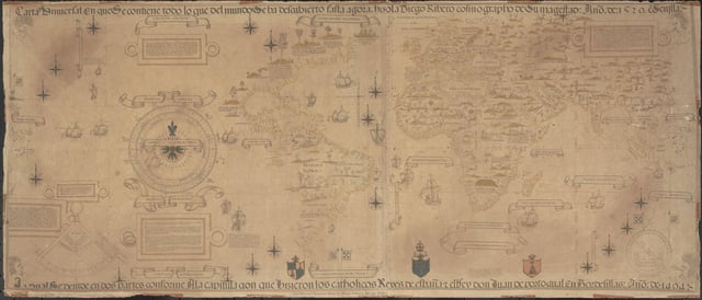 The World Map by Portuguese Diogo Ribeiro (1529) labels the Americas as MUNDUS NOVUS. It traces most of South America and the east coast of North America.
