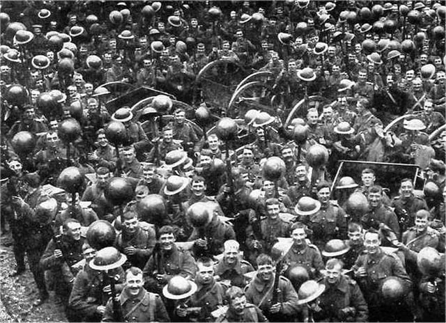 Men of the Loyal North Lancashire Regiment showing off their new steel helmets in 1916