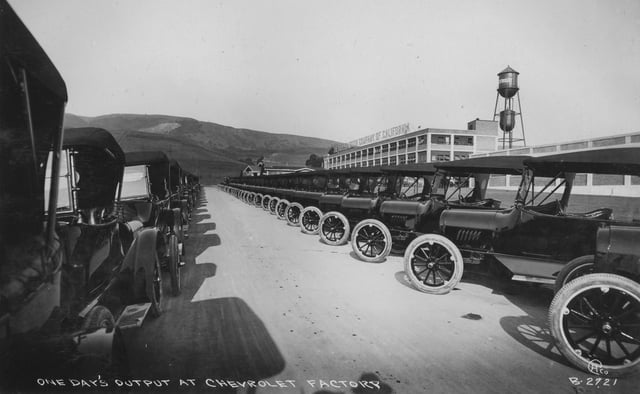 One day's output of 1917 Chevrolet automobiles at their major West Coast plant, now the location of Eastmont Town Center