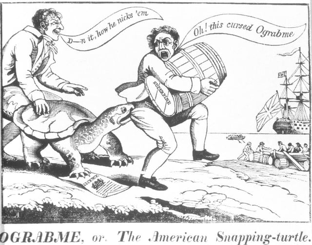 A political cartoon showing merchants dodging the "Ograbme", which is "Embargo" spelled backwards (1807)