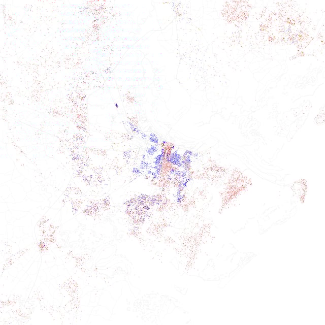 Racial distribution map of Savannah and Chatham County (source: 2010 U.S. Census). Each dot represents 25 residents: white, black, Asian, Hispanic or other (yellow).