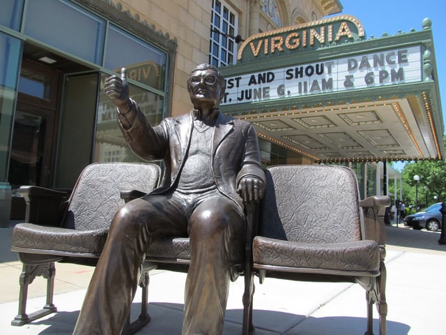 A statue of Roger Ebert giving his 'thumbs up' outside the Virginia Theatre in Champaign, Illinois