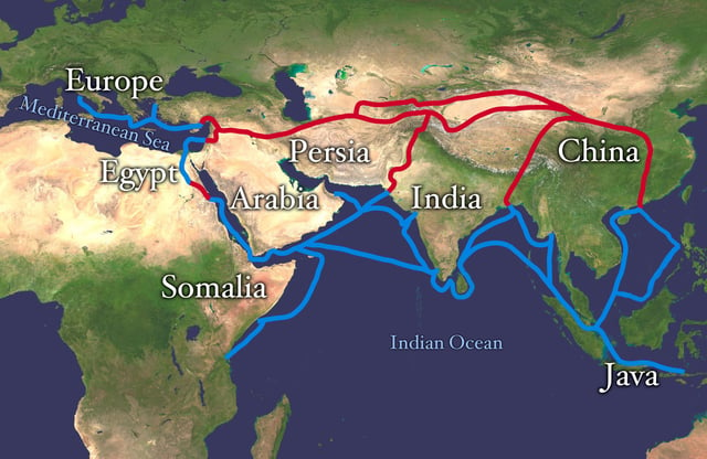 Silk Road and Spice trade, ancient trade routes that linked India with the Old World; carried goods and ideas between the ancient civilisations of the Old World and India. The land routes are red, and the water routes are blue.