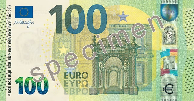 The design for the new Europa series 100 euro note (and for new 50 and 200 notes) features the acronyms of the name of the European Central Bank in ten linguistic variants, covering all official languages of the EU28.